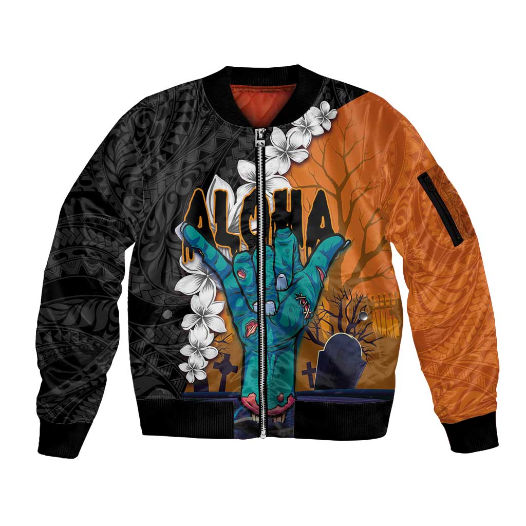 Hawaiian Halloween Sleeve Zip Bomber Jacket Horror Shaka Hand with Plumeria and Polynesian Tattoo Autumn Color