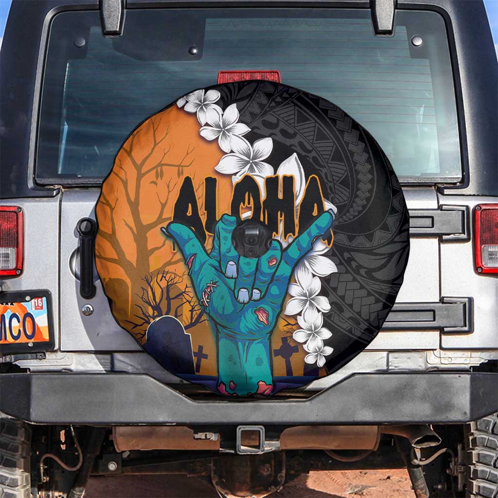 Hawaiian Halloween Spare Tire Cover Horror Shaka Hand with Plumeria and Polynesian Tattoo Autumn Color