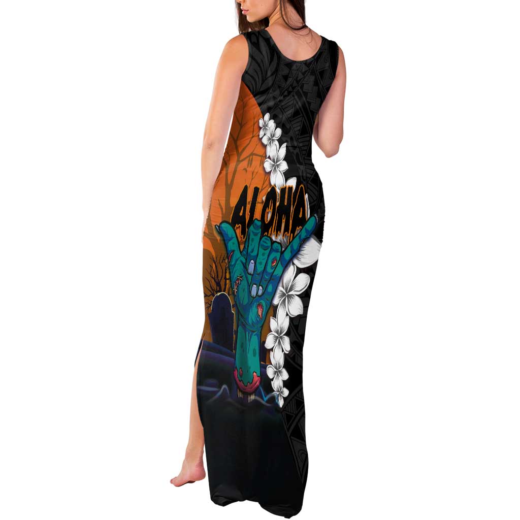 Hawaiian Halloween Tank Maxi Dress Horror Shaka Hand with Plumeria and Polynesian Tattoo Autumn Color