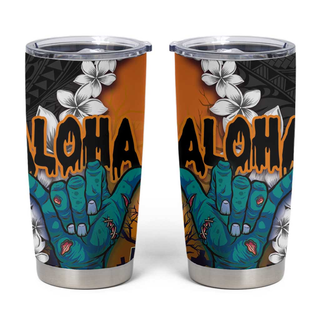 Hawaiian Halloween Tumbler Cup Horror Shaka Hand with Plumeria and Polynesian Tattoo Autumn Color