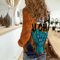 Hawaiian Halloween Women Casual Shirt Horror Shaka Hand with Plumeria and Polynesian Tattoo Autumn Color