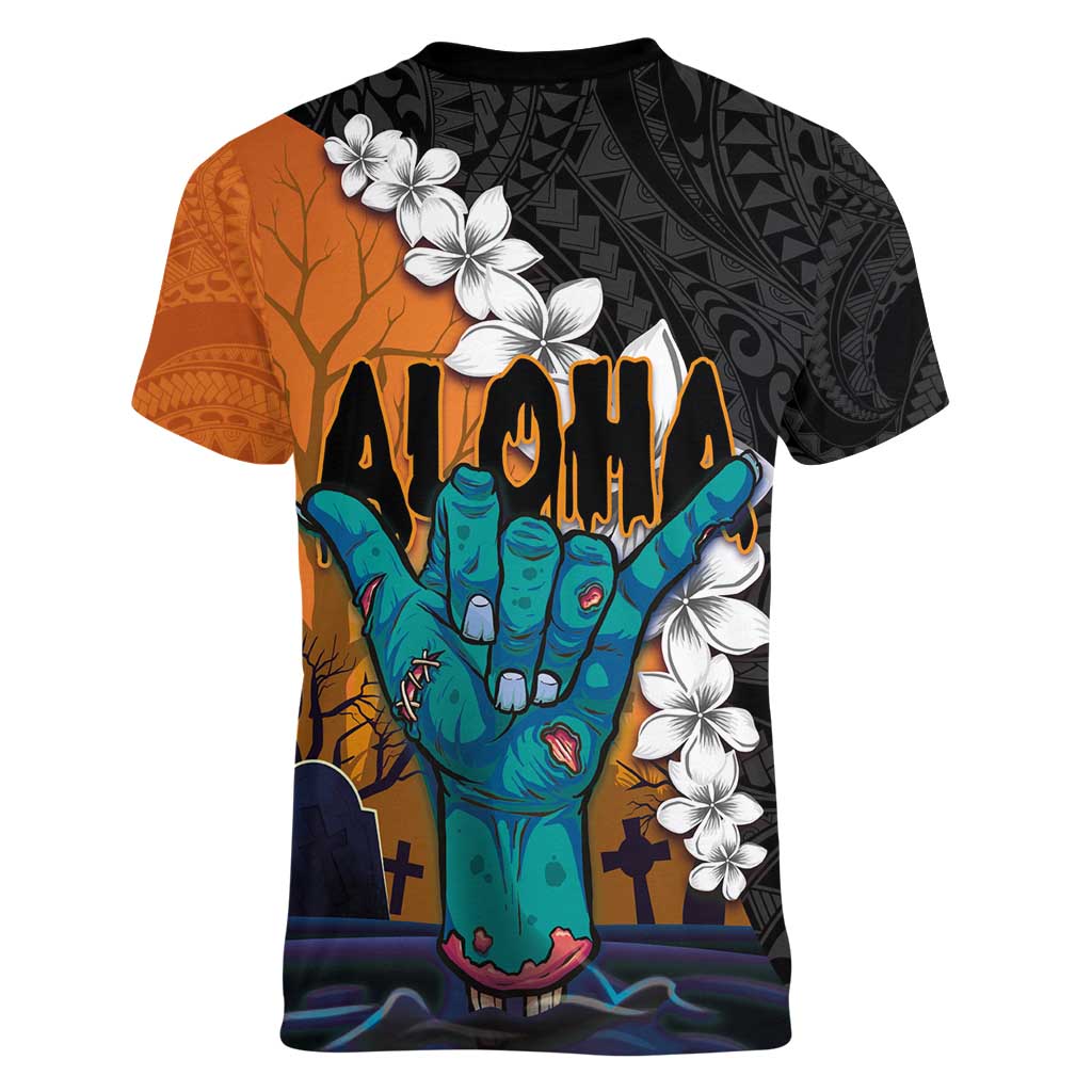 Hawaiian Halloween Women V-Neck T-Shirt Horror Shaka Hand with Plumeria and Polynesian Tattoo Autumn Color LT03 - Polynesian Pride
