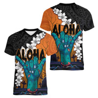 Hawaiian Halloween Women V-Neck T-Shirt Horror Shaka Hand with Plumeria and Polynesian Tattoo Autumn Color LT03 - Polynesian Pride