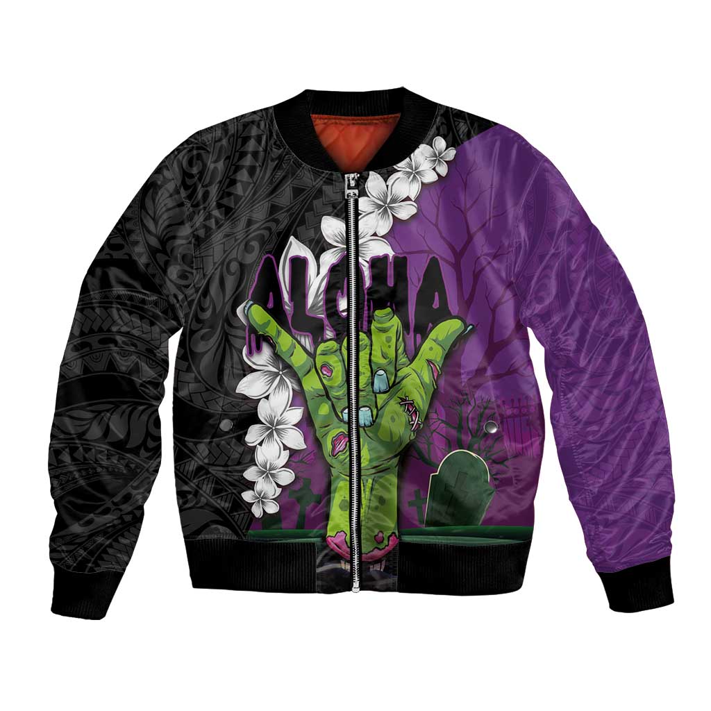 Hawaiian Halloween Bomber Jacket Horror Shaka Hand with Plumeria and Polynesian Tattoo Midnight Color