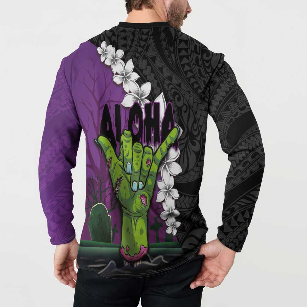 Hawaiian Halloween Button Sweatshirt Horror Shaka Hand with Plumeria and Polynesian Tattoo Midnight Color