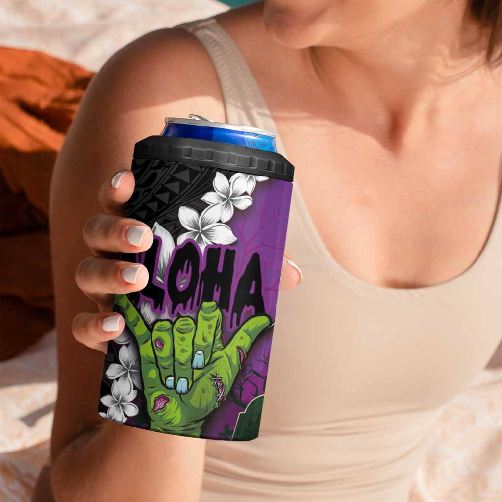 Hawaiian Halloween 4 in 1 Can Cooler Tumbler Horror Shaka Hand with Plumeria and Polynesian Tattoo Midnight Color