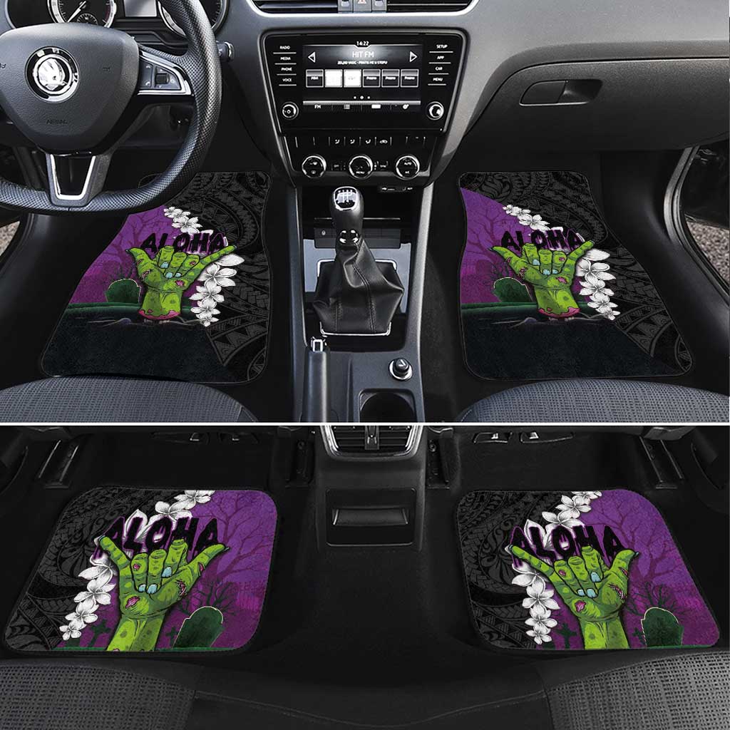 Hawaiian Halloween Car Mats Horror Shaka Hand with Plumeria and Polynesian Tattoo Midnight Color