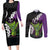 Hawaiian Halloween Couples Matching Long Sleeve Bodycon Dress and Long Sleeve Button Shirt Horror Shaka Hand with Plumeria and Polynesian Tattoo Midnight Color