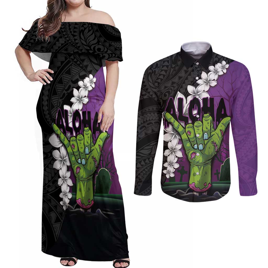 Hawaiian Halloween Couples Matching Off Shoulder Maxi Dress and Long Sleeve Button Shirt Horror Shaka Hand with Plumeria and Polynesian Tattoo Midnight Color