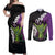 Hawaiian Halloween Couples Matching Off Shoulder Maxi Dress and Long Sleeve Button Shirt Horror Shaka Hand with Plumeria and Polynesian Tattoo Midnight Color