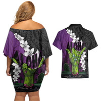 Hawaiian Halloween Couples Matching Off Shoulder Short Dress and Hawaiian Shirt Horror Shaka Hand with Plumeria and Polynesian Tattoo Midnight Color