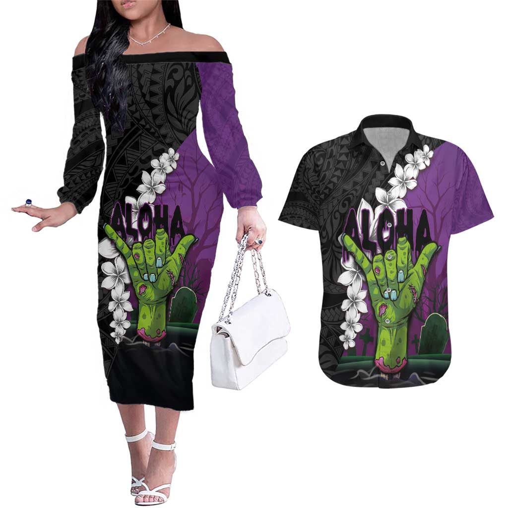 Hawaiian Halloween Couples Matching Off The Shoulder Long Sleeve Dress and Hawaiian Shirt Horror Shaka Hand with Plumeria and Polynesian Tattoo Midnight Color