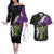 Hawaiian Halloween Couples Matching Off The Shoulder Long Sleeve Dress and Hawaiian Shirt Horror Shaka Hand with Plumeria and Polynesian Tattoo Midnight Color