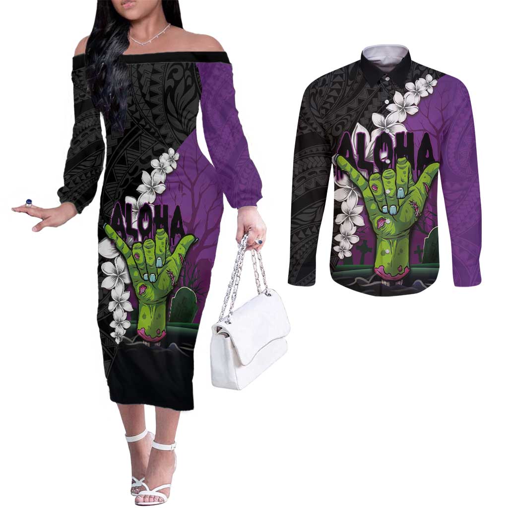 Hawaiian Halloween Couples Matching Off The Shoulder Long Sleeve Dress and Long Sleeve Button Shirt Horror Shaka Hand with Plumeria and Polynesian Tattoo Midnight Color