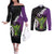 Hawaiian Halloween Couples Matching Off The Shoulder Long Sleeve Dress and Long Sleeve Button Shirt Horror Shaka Hand with Plumeria and Polynesian Tattoo Midnight Color
