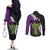 Hawaiian Halloween Couples Matching Off The Shoulder Long Sleeve Dress and Long Sleeve Button Shirt Horror Shaka Hand with Plumeria and Polynesian Tattoo Midnight Color