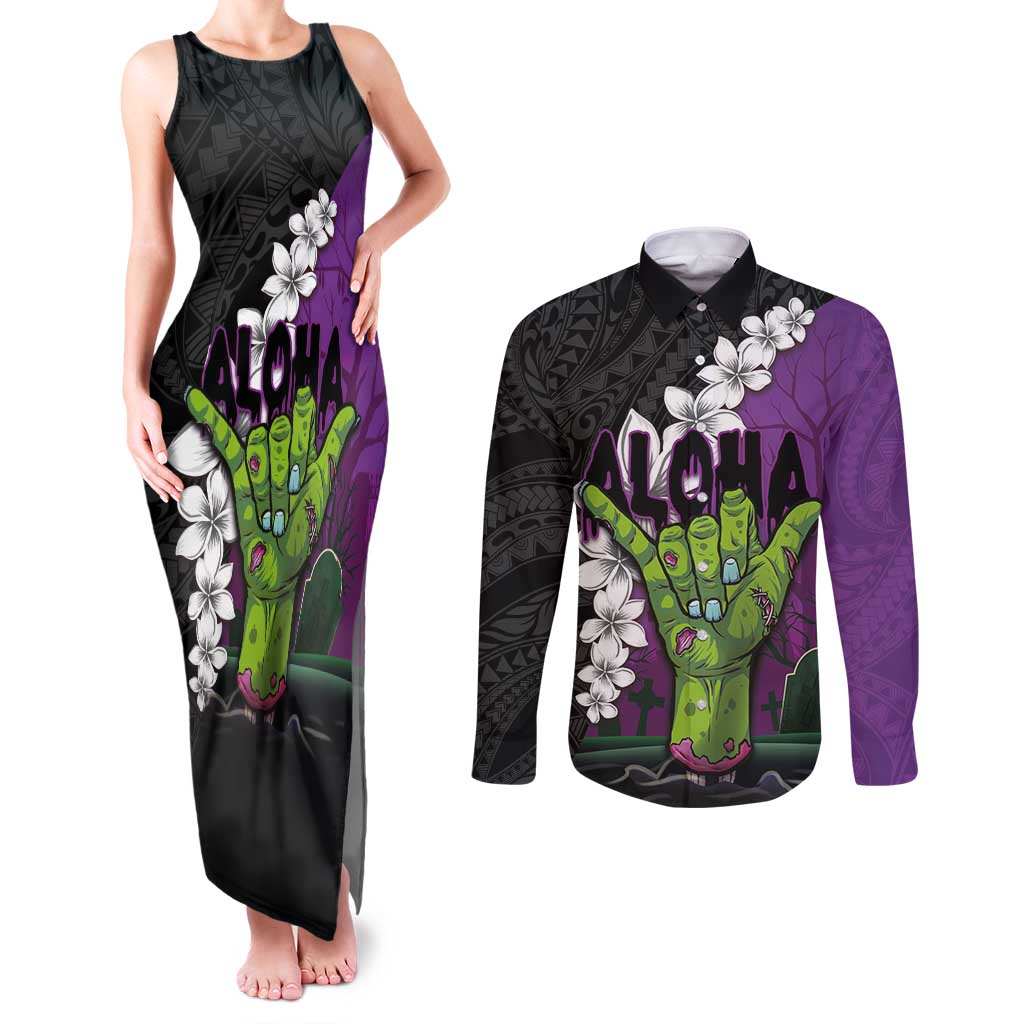 Hawaiian Halloween Couples Matching Tank Maxi Dress and Long Sleeve Button Shirt Horror Shaka Hand with Plumeria and Polynesian Tattoo Midnight Color