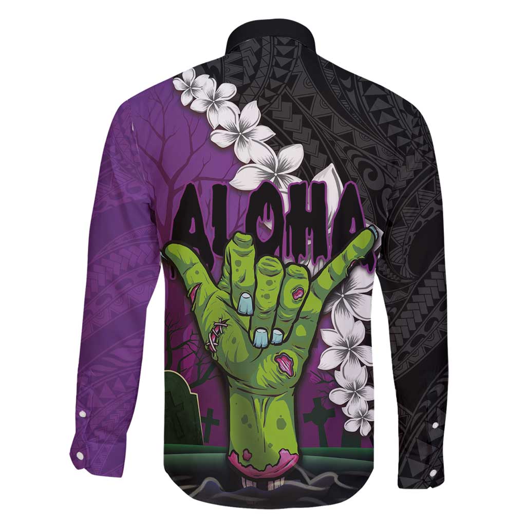 Hawaiian Halloween Family Matching Long Sleeve Bodycon Dress and Hawaiian Shirt Horror Shaka Hand with Plumeria and Polynesian Tattoo Midnight Color