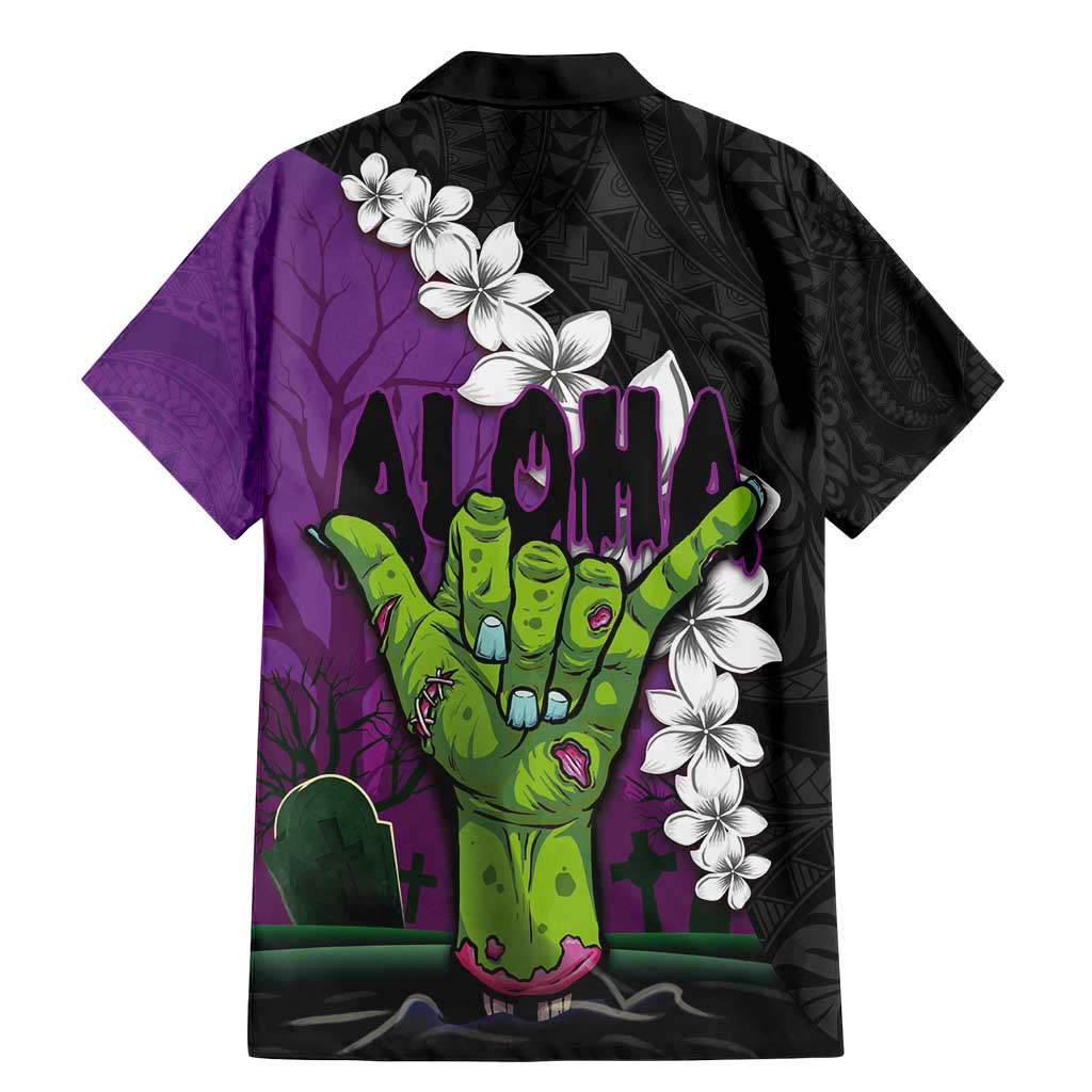 Hawaiian Halloween Family Matching Mermaid Dress and Hawaiian Shirt Horror Shaka Hand with Plumeria and Polynesian Tattoo Midnight Color