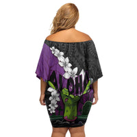 Hawaiian Halloween Family Matching Off Shoulder Short Dress and Hawaiian Shirt Horror Shaka Hand with Plumeria and Polynesian Tattoo Midnight Color