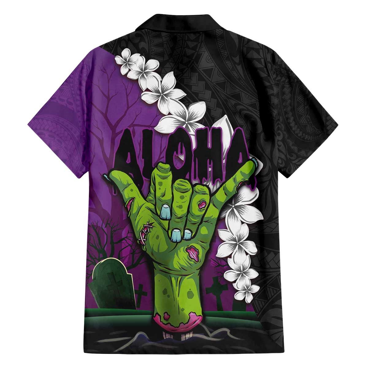Hawaiian Halloween Family Matching Puletasi and Hawaiian Shirt Horror Shaka Hand with Plumeria and Polynesian Tattoo Midnight Color