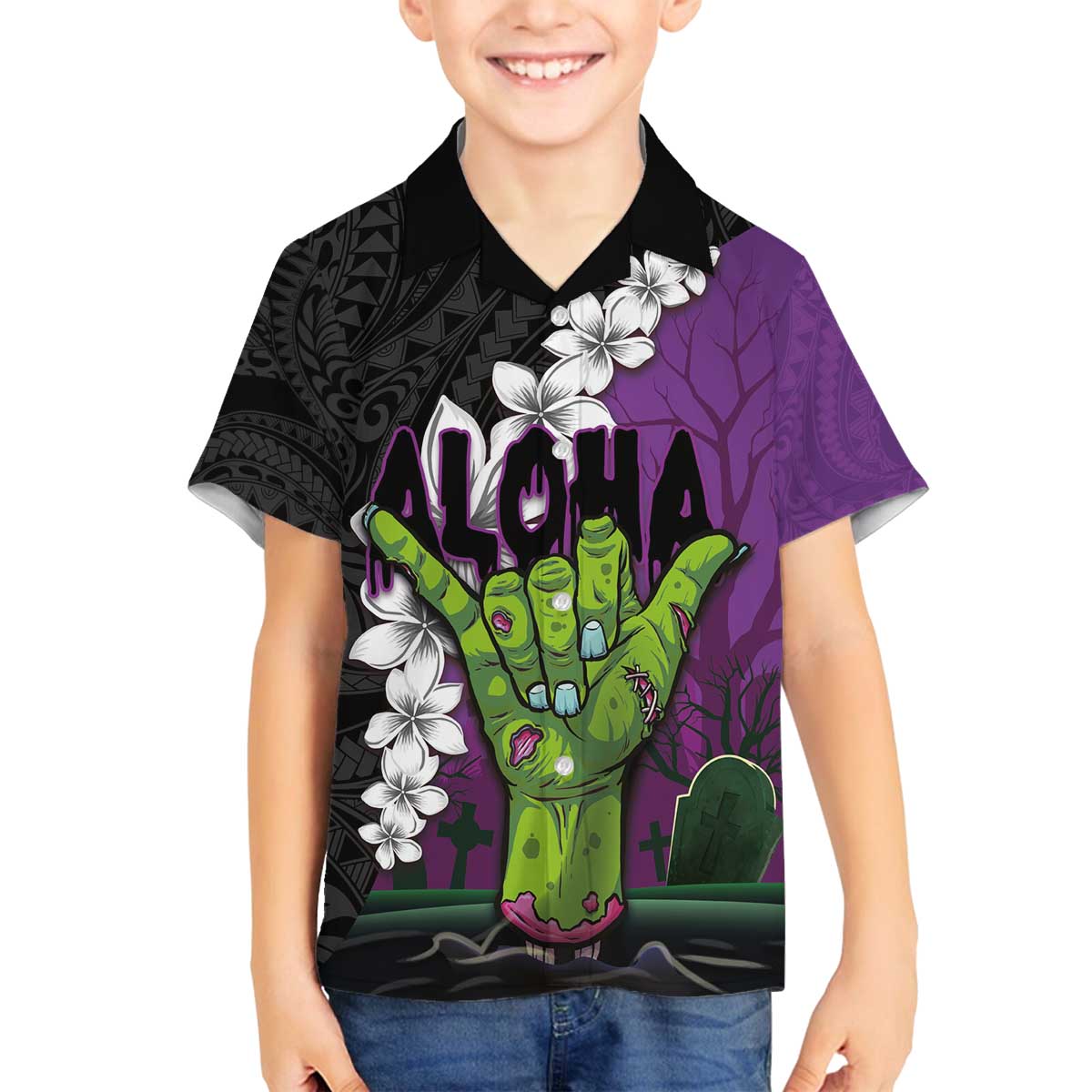 Hawaiian Halloween Family Matching Puletasi and Hawaiian Shirt Horror Shaka Hand with Plumeria and Polynesian Tattoo Midnight Color