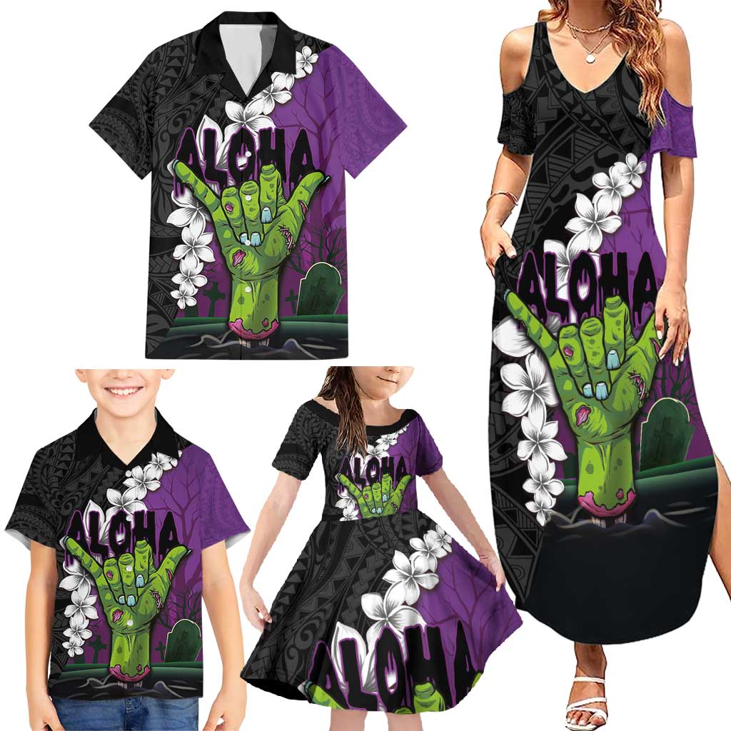 Hawaiian Halloween Family Matching Summer Maxi Dress and Hawaiian Shirt Horror Shaka Hand with Plumeria and Polynesian Tattoo Midnight Color