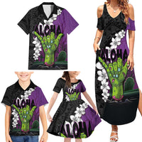 Hawaiian Halloween Family Matching Summer Maxi Dress and Hawaiian Shirt Horror Shaka Hand with Plumeria and Polynesian Tattoo Midnight Color