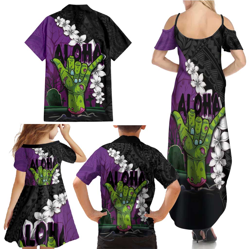 Hawaiian Halloween Family Matching Summer Maxi Dress and Hawaiian Shirt Horror Shaka Hand with Plumeria and Polynesian Tattoo Midnight Color