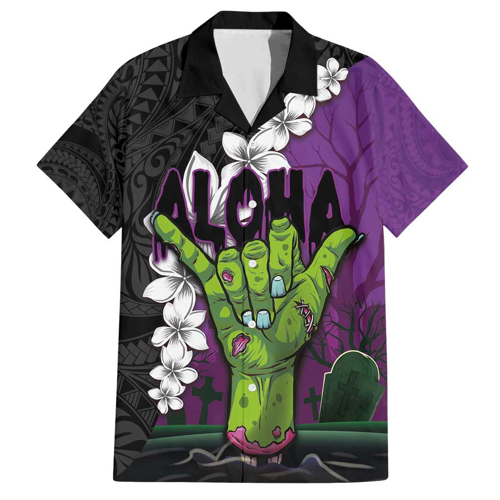 Hawaiian Halloween Family Matching Summer Maxi Dress and Hawaiian Shirt Horror Shaka Hand with Plumeria and Polynesian Tattoo Midnight Color