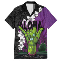 Hawaiian Halloween Family Matching Summer Maxi Dress and Hawaiian Shirt Horror Shaka Hand with Plumeria and Polynesian Tattoo Midnight Color