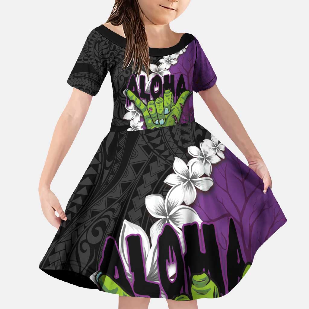 Hawaiian Halloween Family Matching Tank Maxi Dress and Hawaiian Shirt Horror Shaka Hand with Plumeria and Polynesian Tattoo Midnight Color