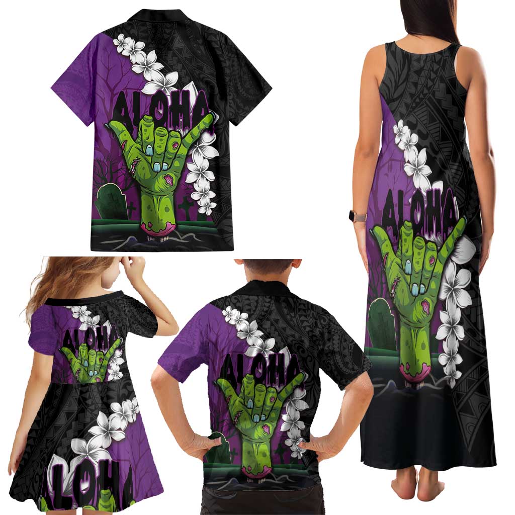 Hawaiian Halloween Family Matching Tank Maxi Dress and Hawaiian Shirt Horror Shaka Hand with Plumeria and Polynesian Tattoo Midnight Color