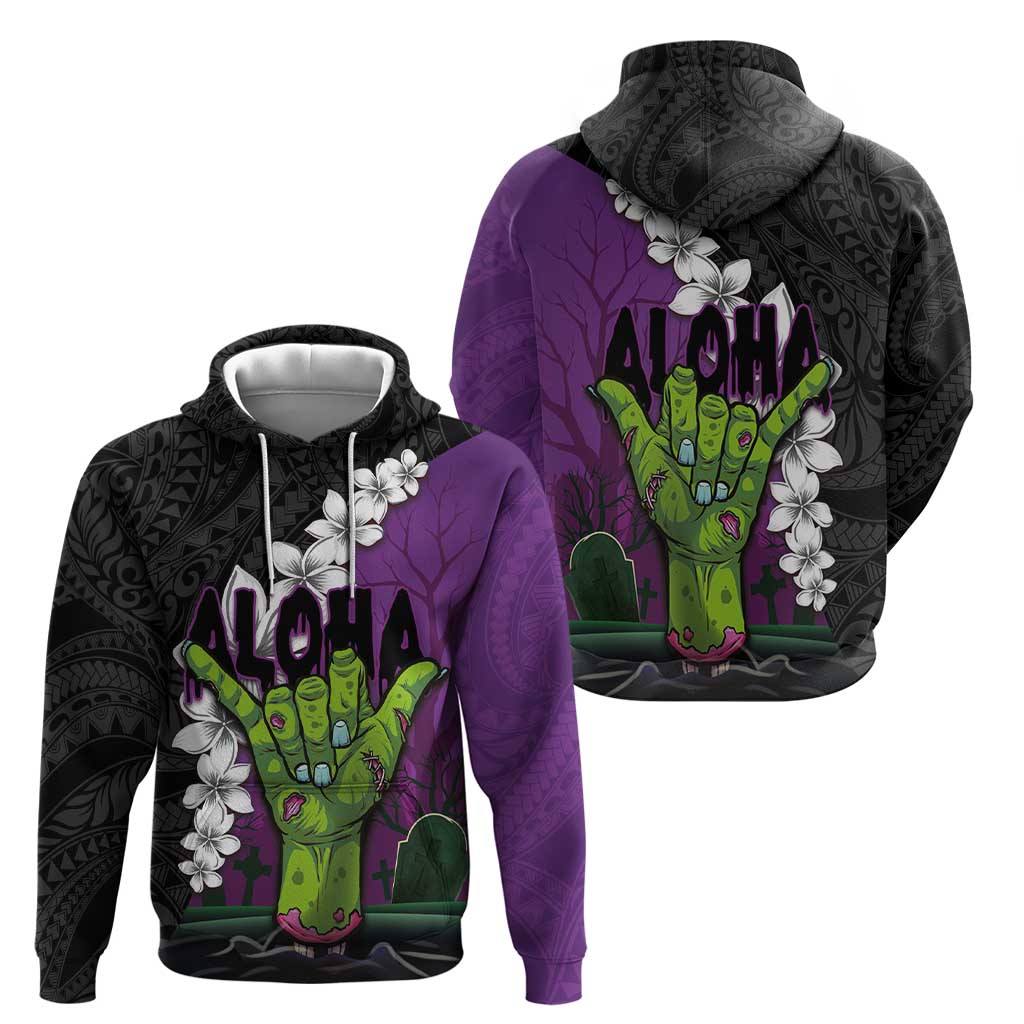 Hawaiian Halloween Hoodie Horror Shaka Hand with Plumeria and Polynesian Tattoo Midnight Color