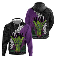 Hawaiian Halloween Hoodie Horror Shaka Hand with Plumeria and Polynesian Tattoo Midnight Color