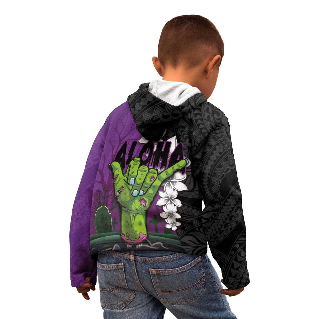 Hawaiian Halloween Kid Hoodie Horror Shaka Hand with Plumeria and Polynesian Tattoo Midnight Color