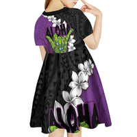Hawaiian Halloween Kid Short Sleeve Dress Horror Shaka Hand with Plumeria and Polynesian Tattoo Midnight Color