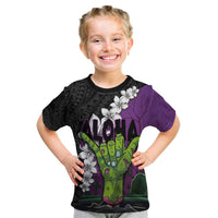 Hawaiian Halloween Kid T Shirt Horror Shaka Hand with Plumeria and Polynesian Tattoo Midnight Color