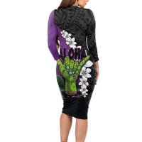 Hawaiian Halloween Long Sleeve Bodycon Dress Horror Shaka Hand with Plumeria and Polynesian Tattoo Midnight Color LT03 - Polynesian Pride