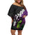 Hawaiian Halloween Off Shoulder Short Dress Horror Shaka Hand with Plumeria and Polynesian Tattoo Midnight Color