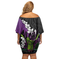Hawaiian Halloween Off Shoulder Short Dress Horror Shaka Hand with Plumeria and Polynesian Tattoo Midnight Color