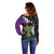 Hawaiian Halloween Off Shoulder Sweater Horror Shaka Hand with Plumeria and Polynesian Tattoo Midnight Color