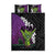 Hawaiian Halloween Quilt Bed Set Horror Shaka Hand with Plumeria and Polynesian Tattoo Midnight Color