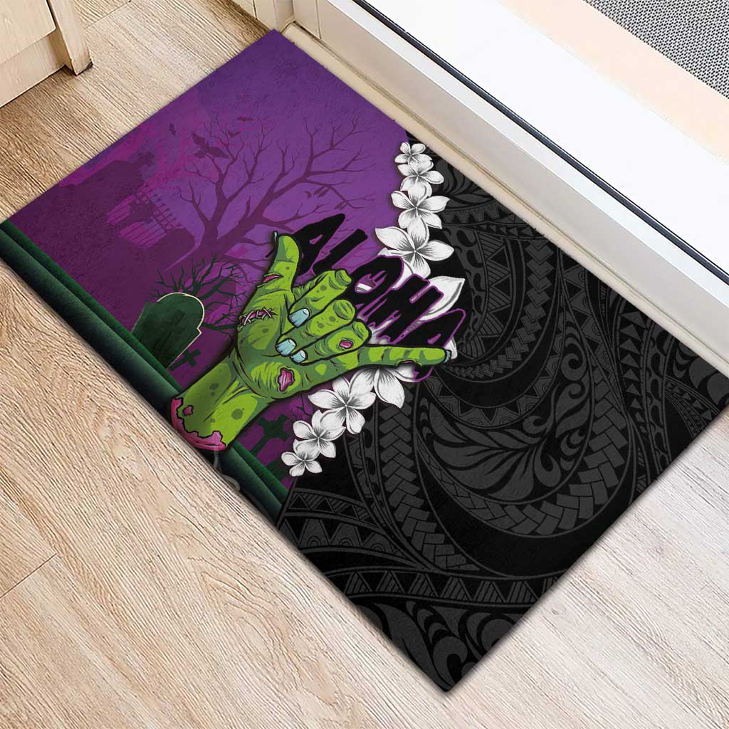 Hawaiian Halloween Rubber Doormat Horror Shaka Hand with Plumeria and Polynesian Tattoo Midnight Color