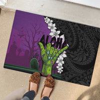 Hawaiian Halloween Rubber Doormat Horror Shaka Hand with Plumeria and Polynesian Tattoo Midnight Color