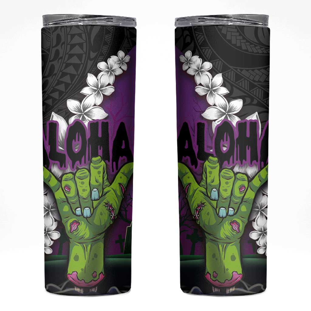 Hawaiian Halloween Skinny Tumbler Horror Shaka Hand with Plumeria and Polynesian Tattoo Midnight Color