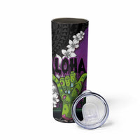 Hawaiian Halloween Skinny Tumbler Horror Shaka Hand with Plumeria and Polynesian Tattoo Midnight Color