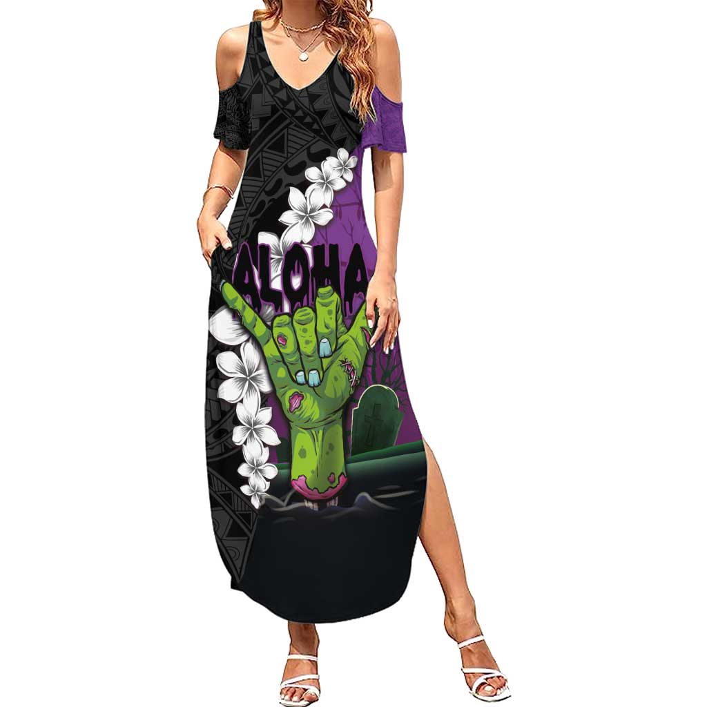 Hawaiian Halloween Summer Maxi Dress Horror Shaka Hand with Plumeria and Polynesian Tattoo Midnight Color