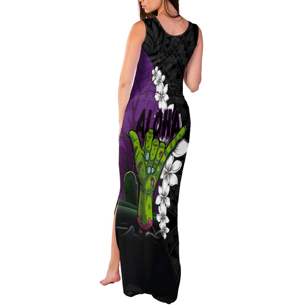 Hawaiian Halloween Tank Maxi Dress Horror Shaka Hand with Plumeria and Polynesian Tattoo Midnight Color