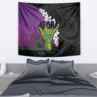 Hawaiian Halloween Tapestry Horror Shaka Hand with Plumeria and Polynesian Tattoo Midnight Color